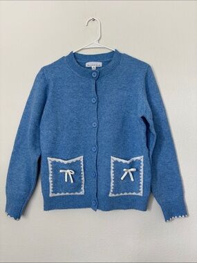 Classic Blue Button-Front Cardigan with Contrast Pocket Detail with Bows